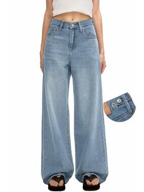 High-Rise Adjustable Waist Baggy Jeans, Snap-Button, Wide Leg Y2K Denim Trousers
